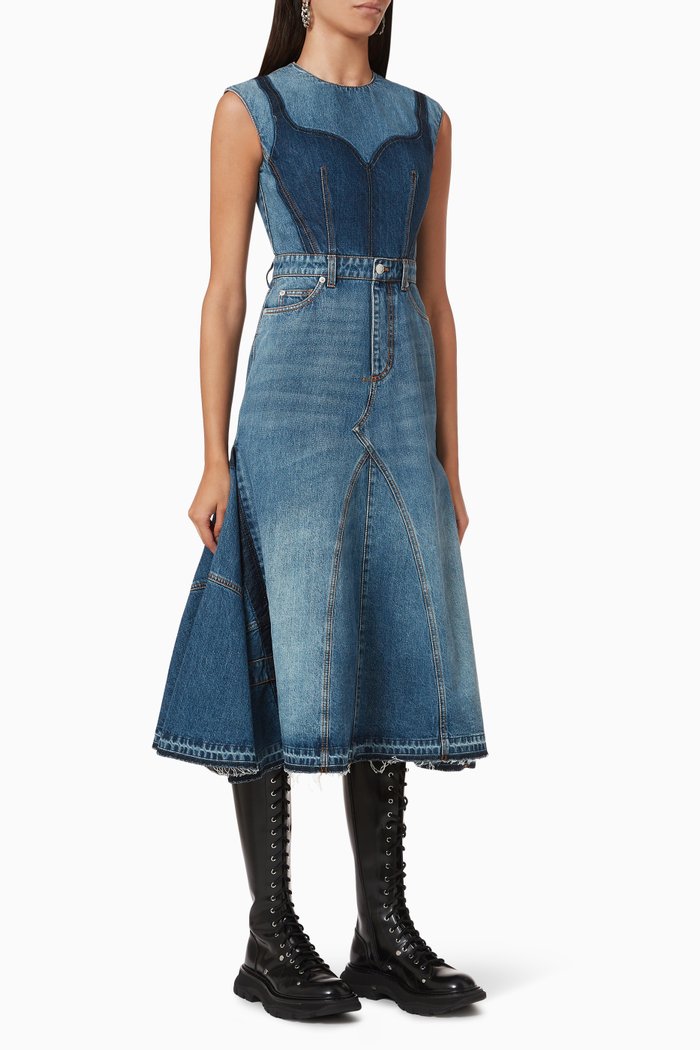 

Godet Midi Dress in Denim, Blue