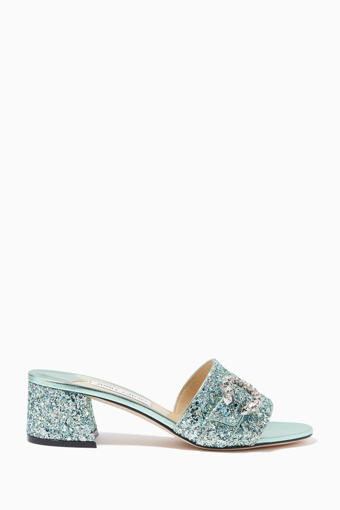 

Minea 45 Sandals with Crystal Buckle in Coarse Glitter, Green