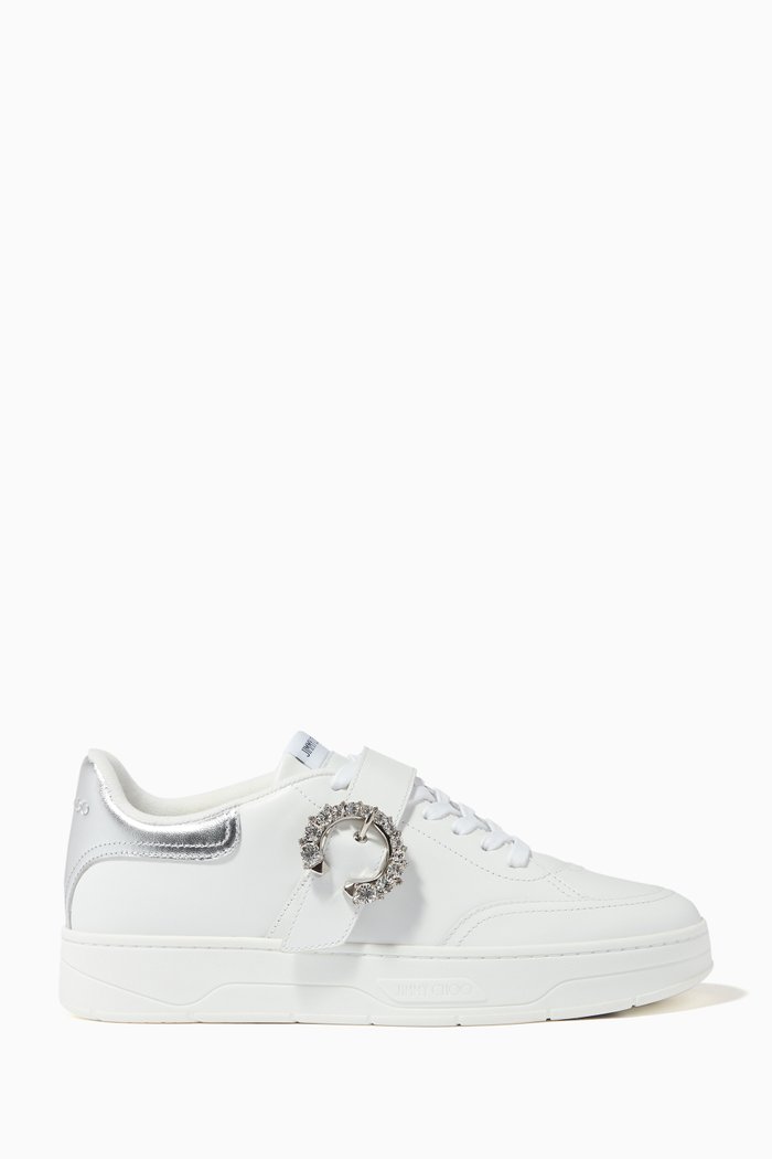

Osaka Lace Up Trainers with Crystal Buckle in Leather & Metallic Nappa, White