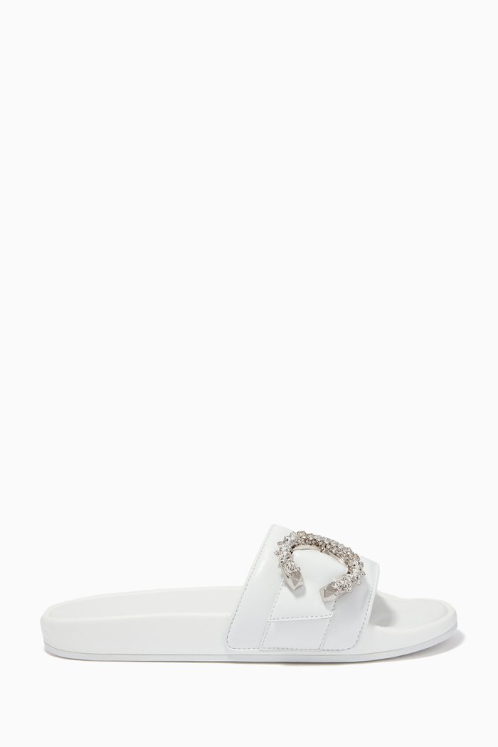 

Fallon Slides with Crystal Buckle in Nappa, White