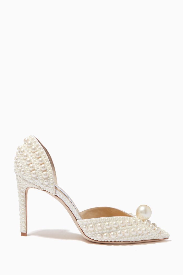 Sabine 85 Pumps with Pearls in Satin, White