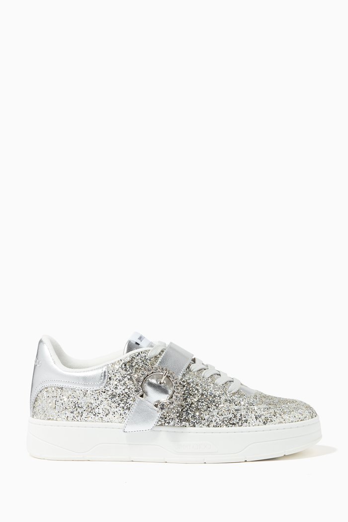 

Osaka Lace Up Trainers with Crystal Buckle in Coarse Glitter & Metallic Nappa, Silver
