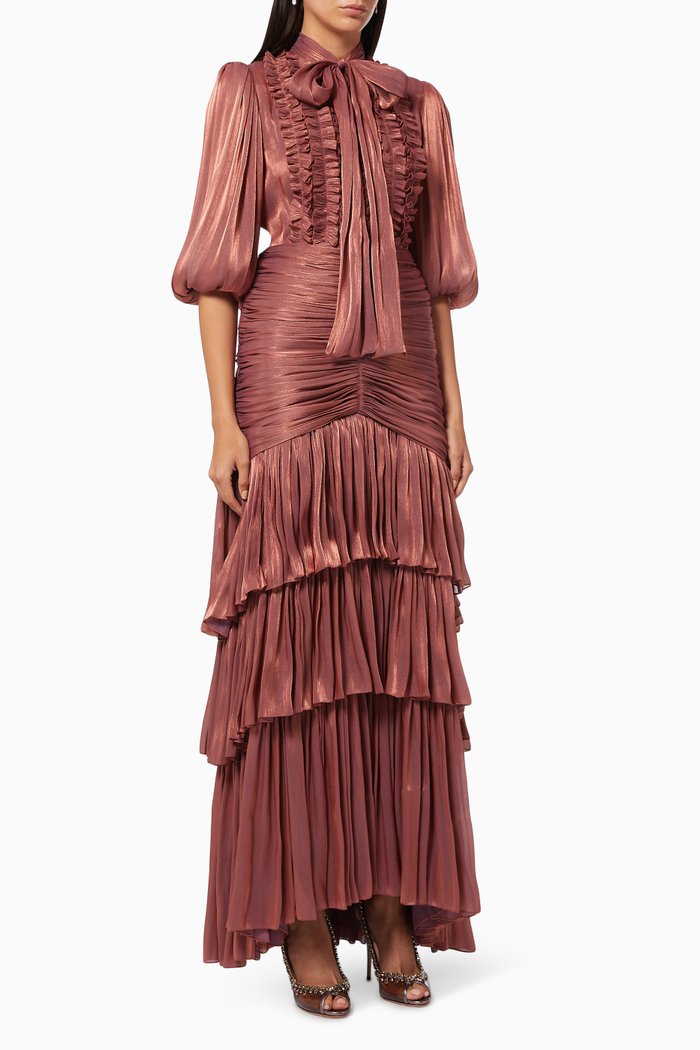 

Tillie Tiered Ruched Dress in Lurex Georgette, Pink