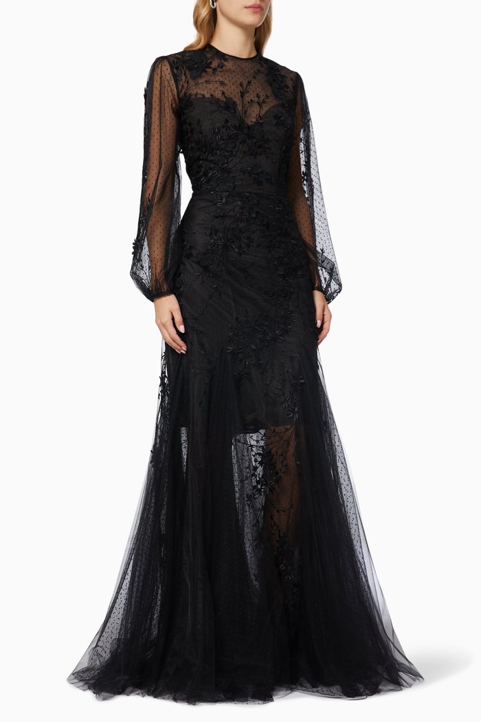 Audrey Gown in Floral French Tulle, Black