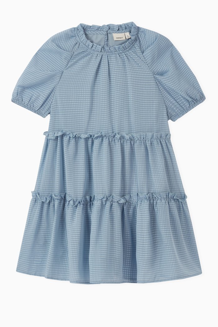

Tiered Check Dress in Polyester, Blue