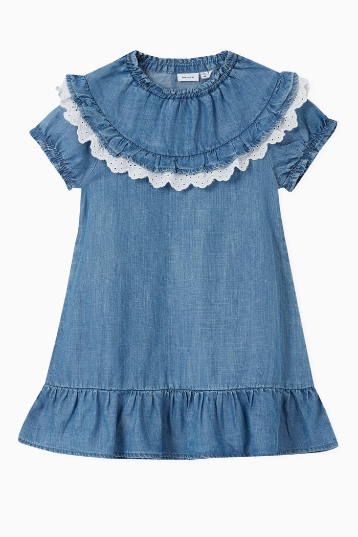 

Scalloped Embroidered Denim Dress, Blue