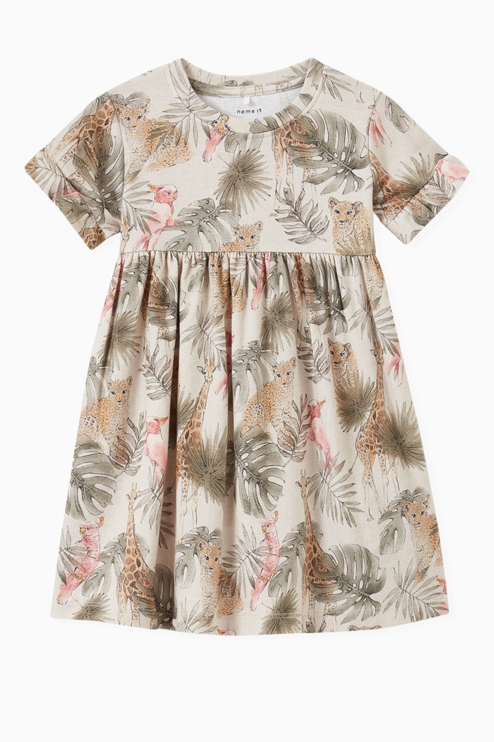 Leaf Print Dress in Organic Cotton, Multicolour