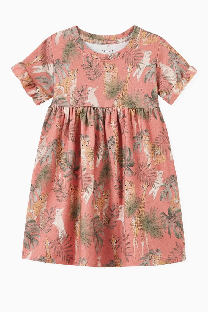 Leaf Print Dress in Organic Cotton, Pink