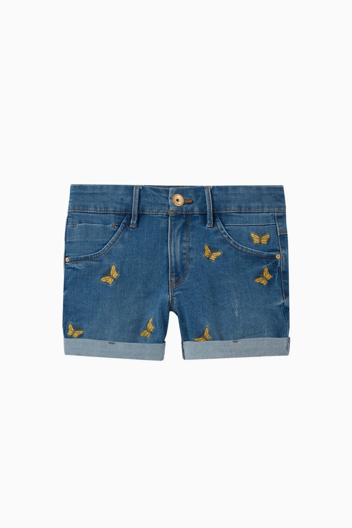 

Embroidered Butterfly Shorts in Denim, Blue