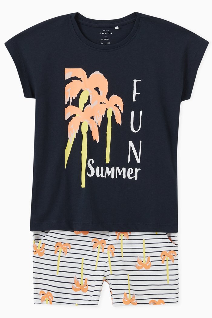 

Printed T-shirt and Stripes Shorts Set in Organic Cotton, Blue