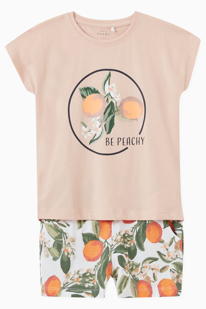 

Printed T-shirt and Stripes Shorts Set in Organic Cotton, Pink