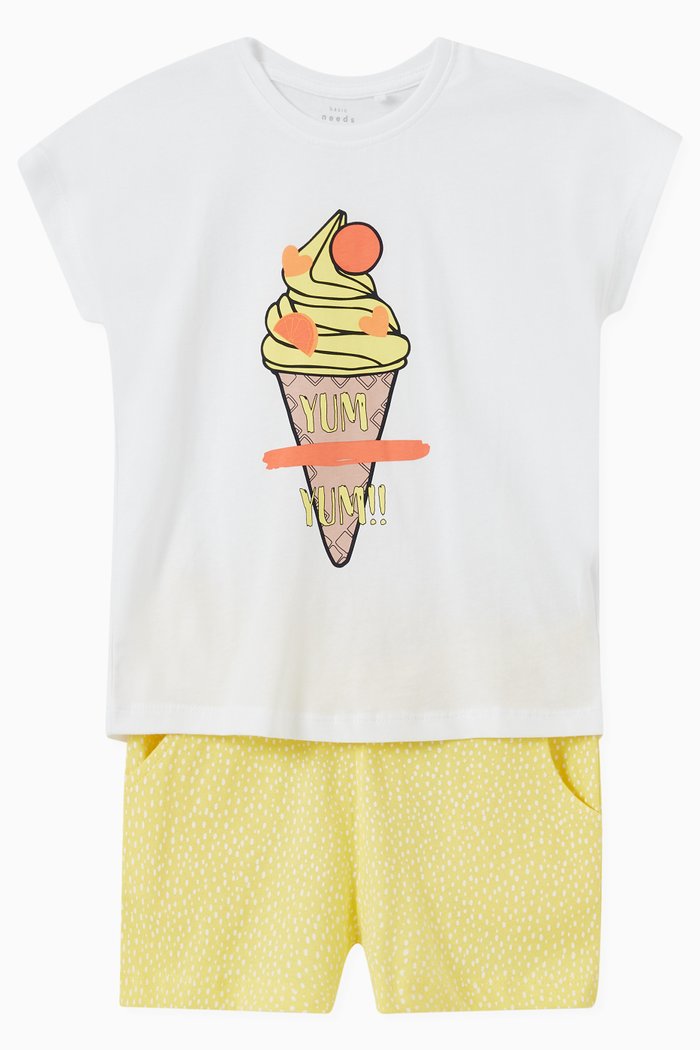

Printed T-shirt and Stripes Shorts Set in Organic Cotton, White