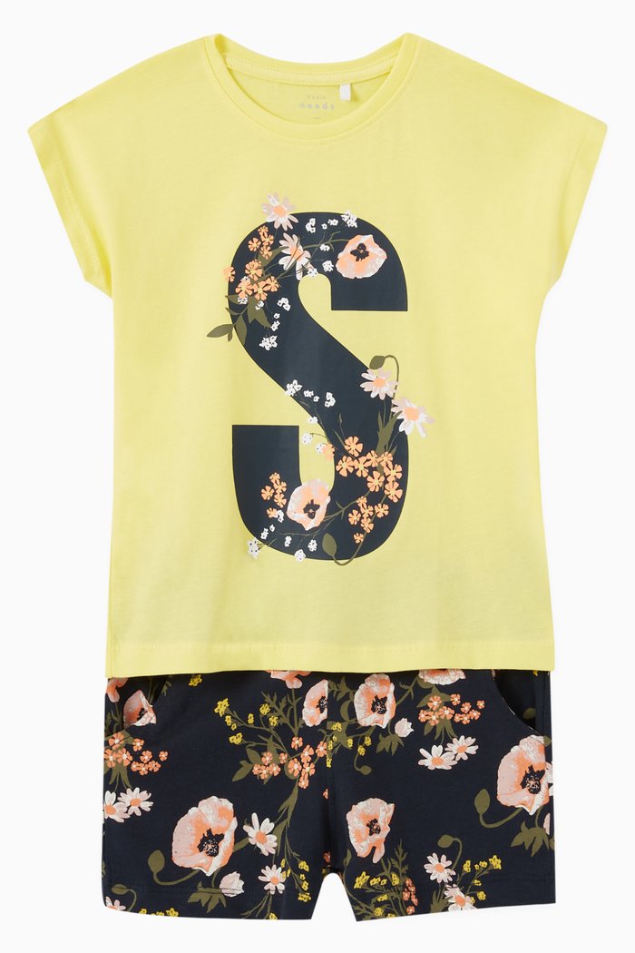 

Printed T-shirt and Stripes Shorts Set in Organic Cotton, Yellow