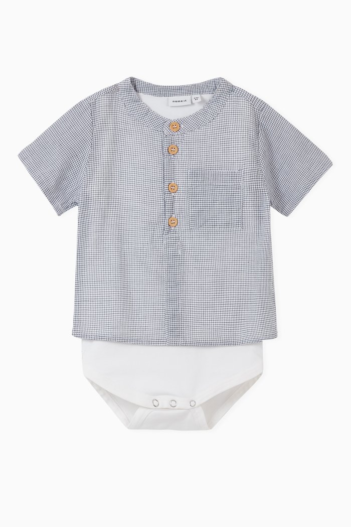 

Checked Shirt Bodysuit in Organic Cotton, White