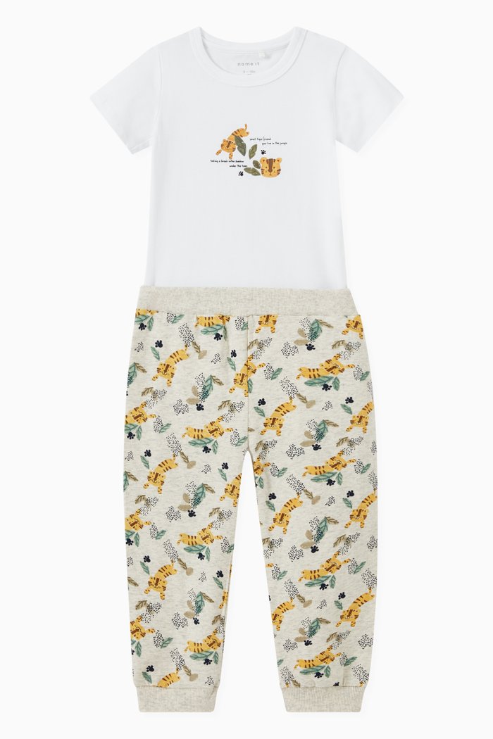 

Tiger Print Bodysuit and Trousers Set in Organic Cotton, Multicolour