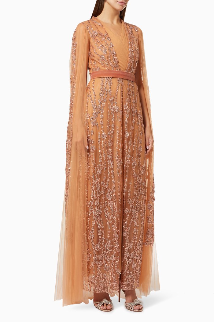 

Luna Cape Dress in Sequinned Tulle, Orange