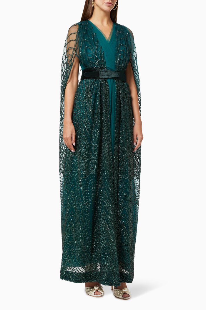 

L535 Cape Dress in Sequinned Tulle, Green