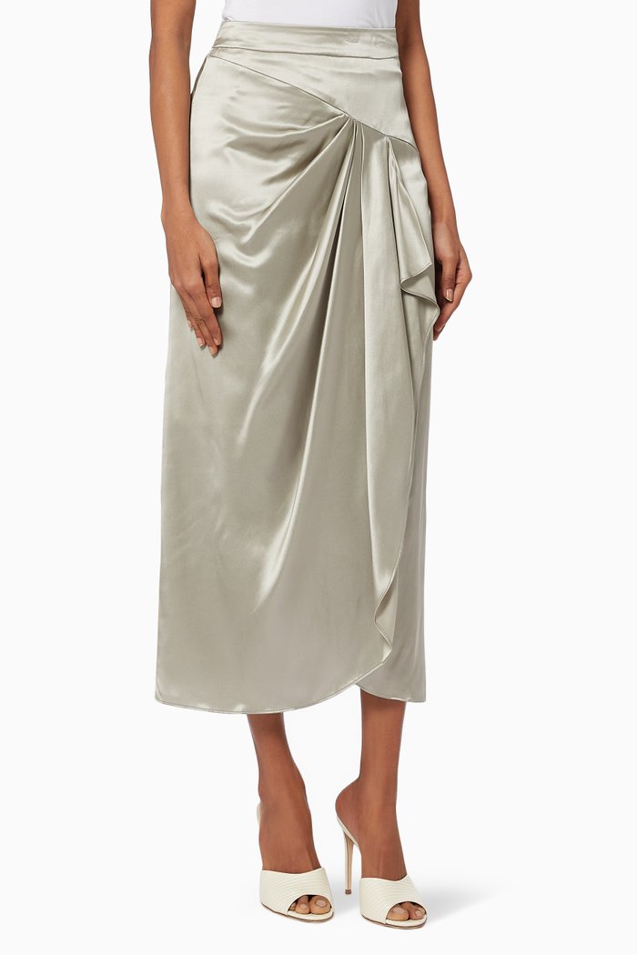 

Draped Midi Skirt in Satin Silk, Brown