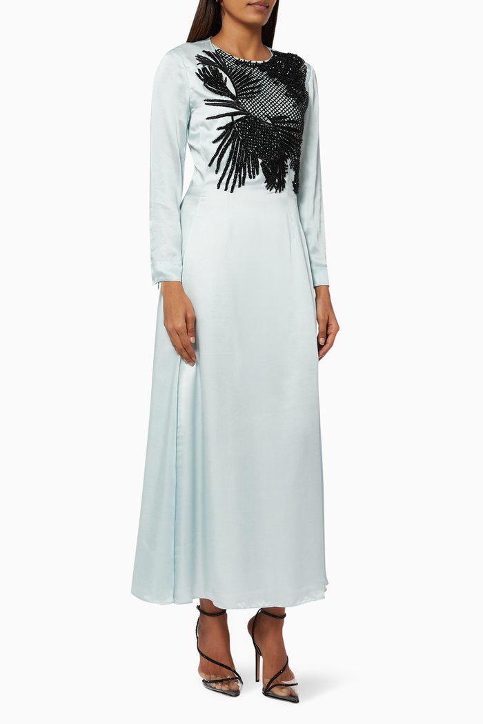 

Palm Embroidered Dress in Satin, Blue