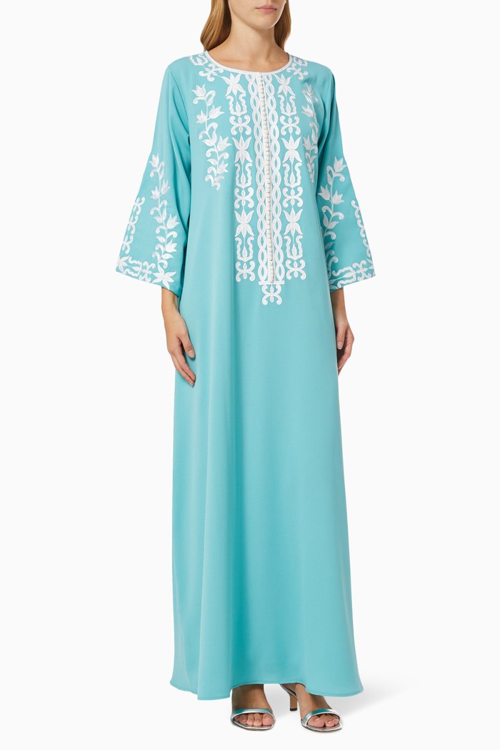 Embroidered Jalabiya in Crepe, Blue