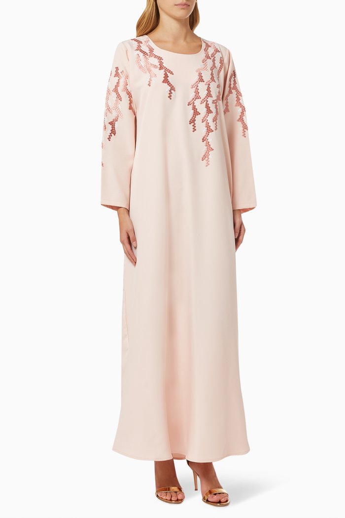 

Embroidered Jalabiya in Crepe, Pink