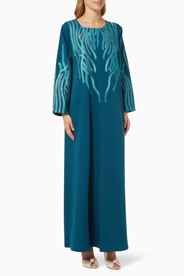 

Embroidered Jalabiya in Crepe, Blue