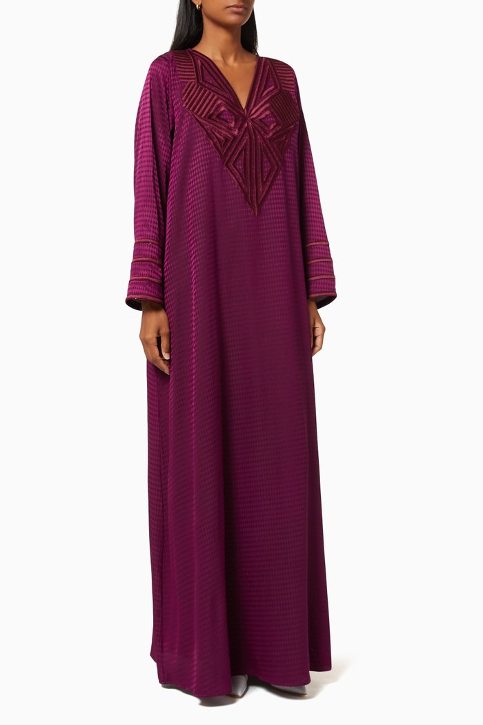 

Embroidered Jalabiya in Crepe Silk, Purple