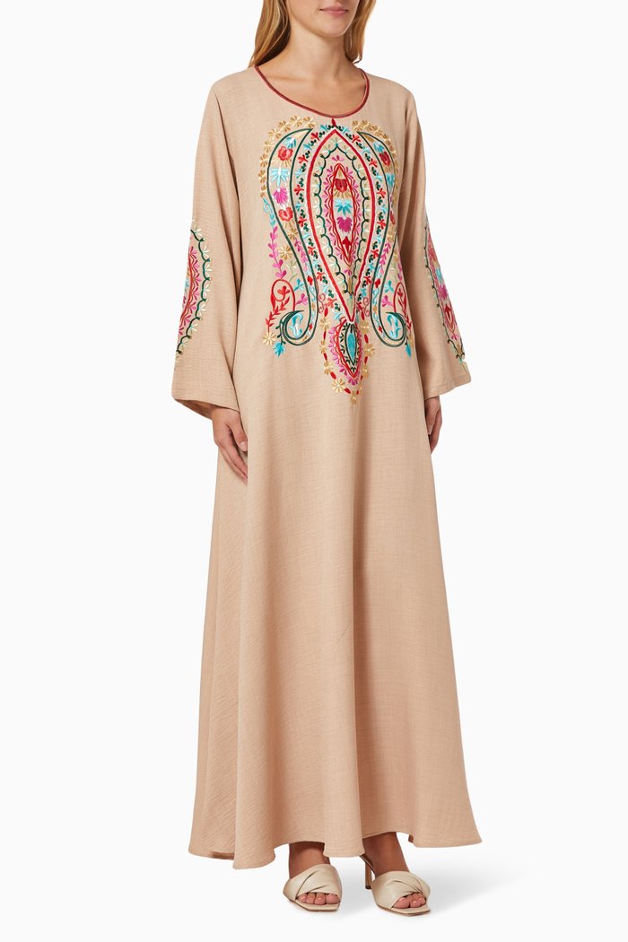 

Embroidered Jalabiya in Cotton, Neutral