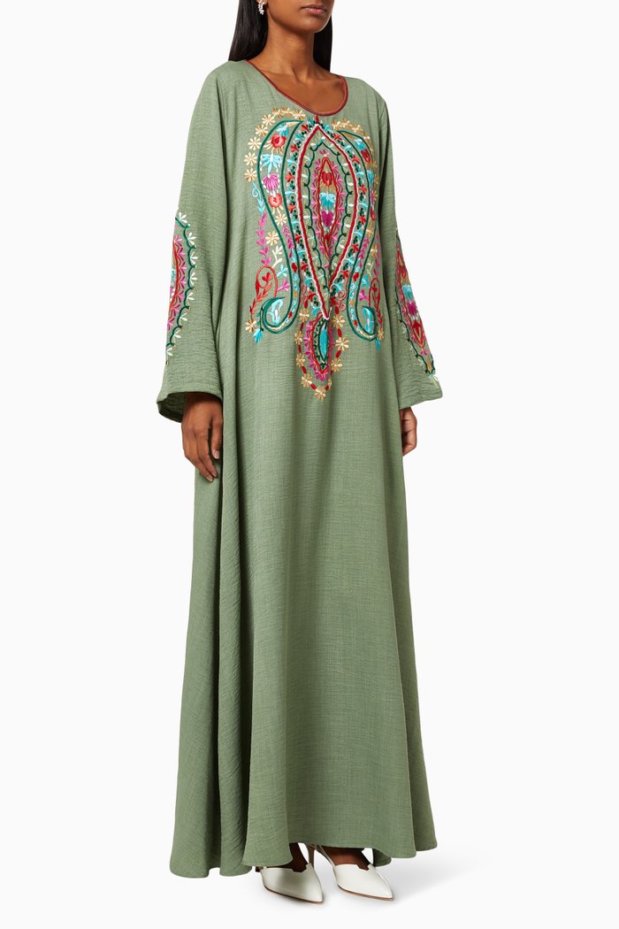 

Embroidered Jalabiya in Cotton, Green