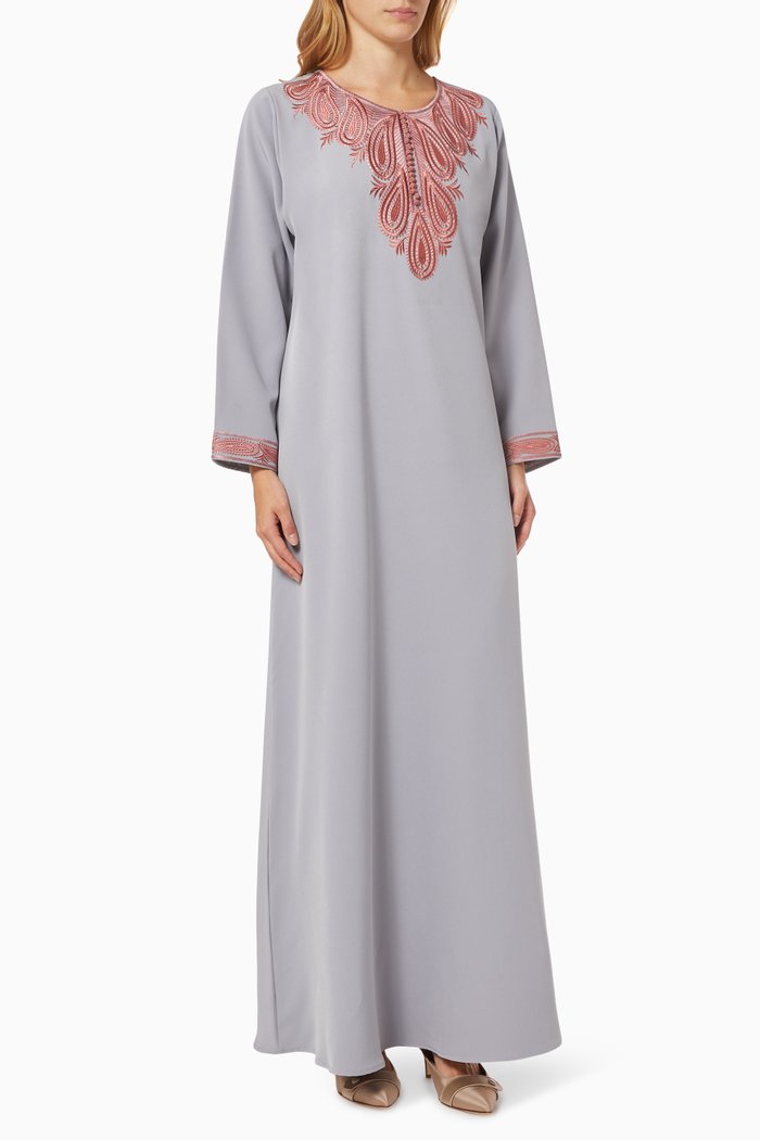

Embroidered Jalabiya in Cotton, Grey