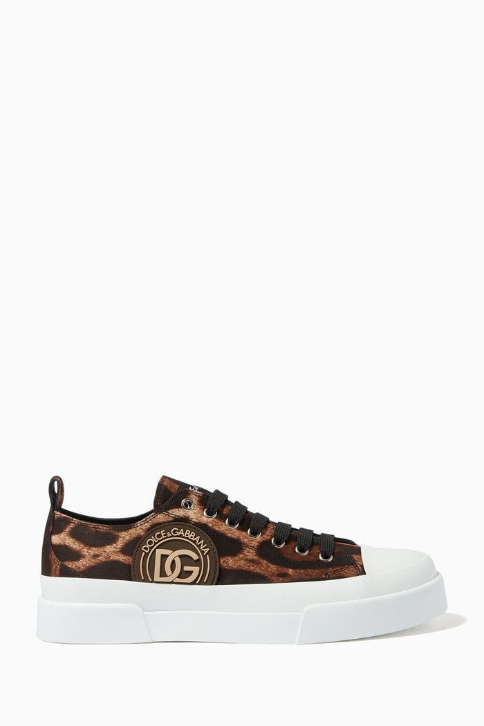 

Portofino Light Sneakers with Leopard Print & DG Logo, Brown