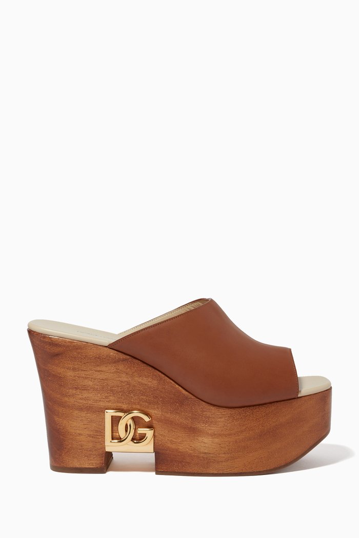 

Brigitte 105 Wedges with DG Logo in Leather & Wood, Brown