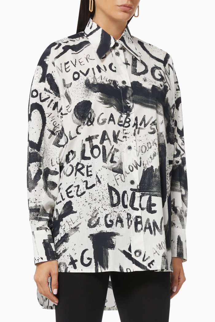 Graffiti Oversized Shirt in Cotton Poplin, White