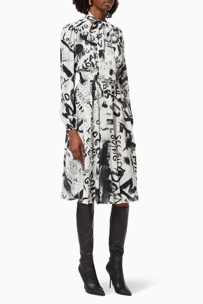 

DG Next Pussybow Midi Dress in DG Graffiti Crêpe de Chine, White