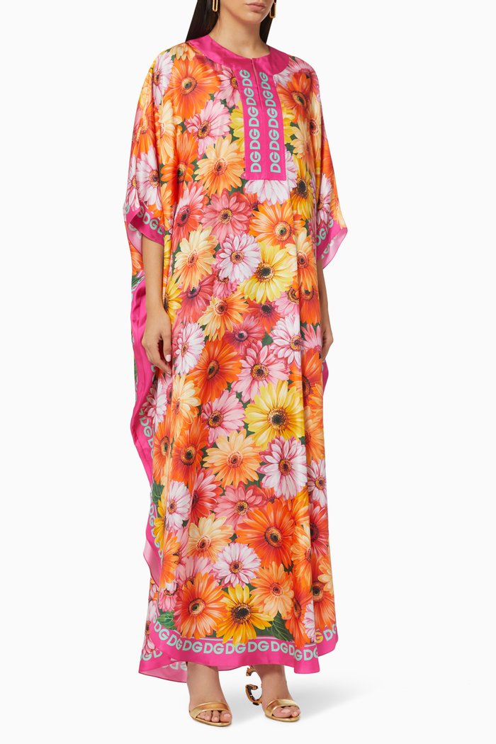 

Gerbera-daisy Print Kaftan in Silk twill, Orange