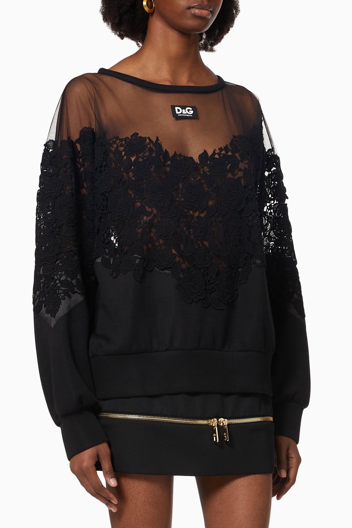 

DG Next Sweatshirt in Macramé Tulle & Jersey, Black