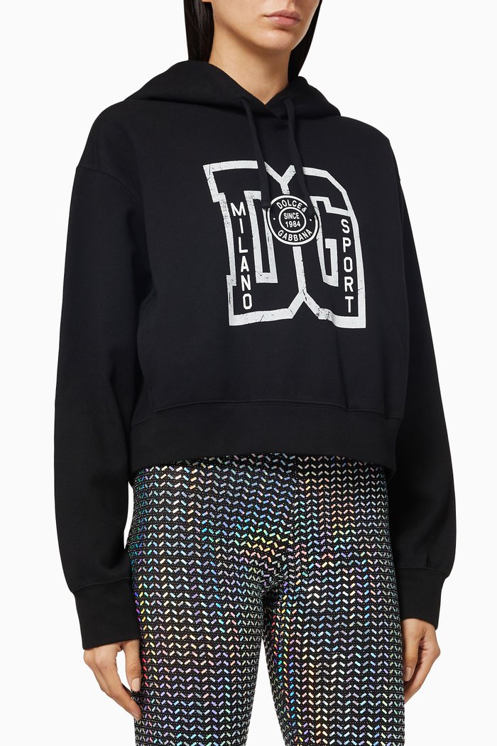 

90s DG Print Cropped Hoodie in Cotton Jersey, Black
