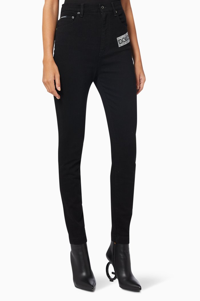 

Grace High-waisted Jeans with Crystal Logo in Stretch Denim, Black