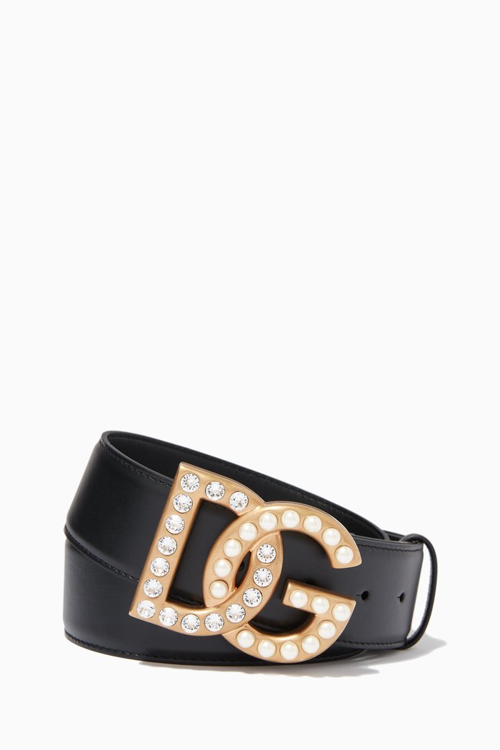 

Belt with Rhinestone & Pearl Millenial DG Logo in Leather, 40mm, Black
