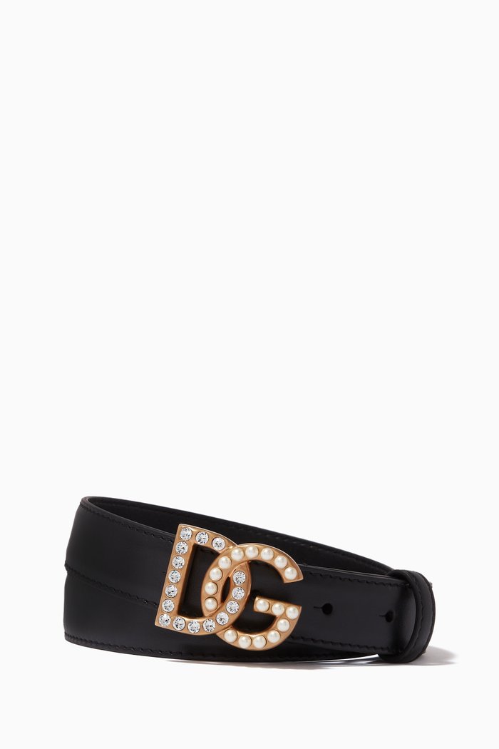 

Belt with Rhinestones & Pearls Millennial DG Logo in Leather, 25mm, Black