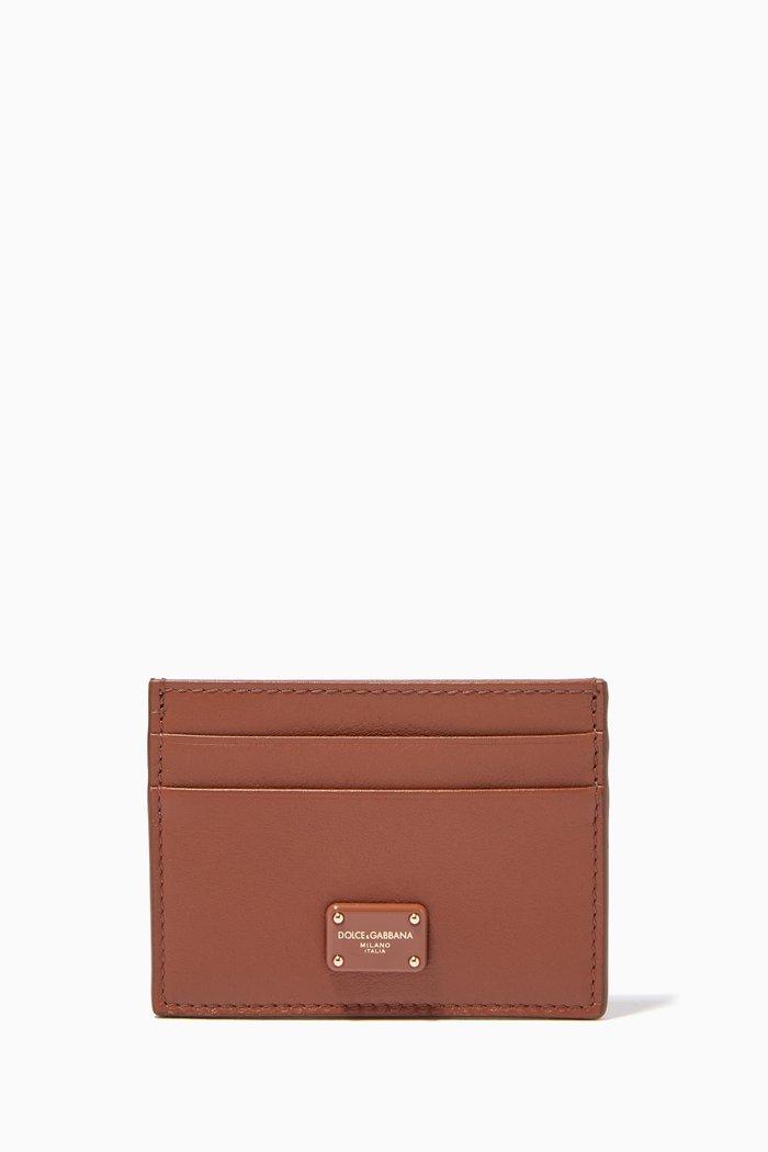 Branded Plate Card Holder in Calfskin Leather, Brown