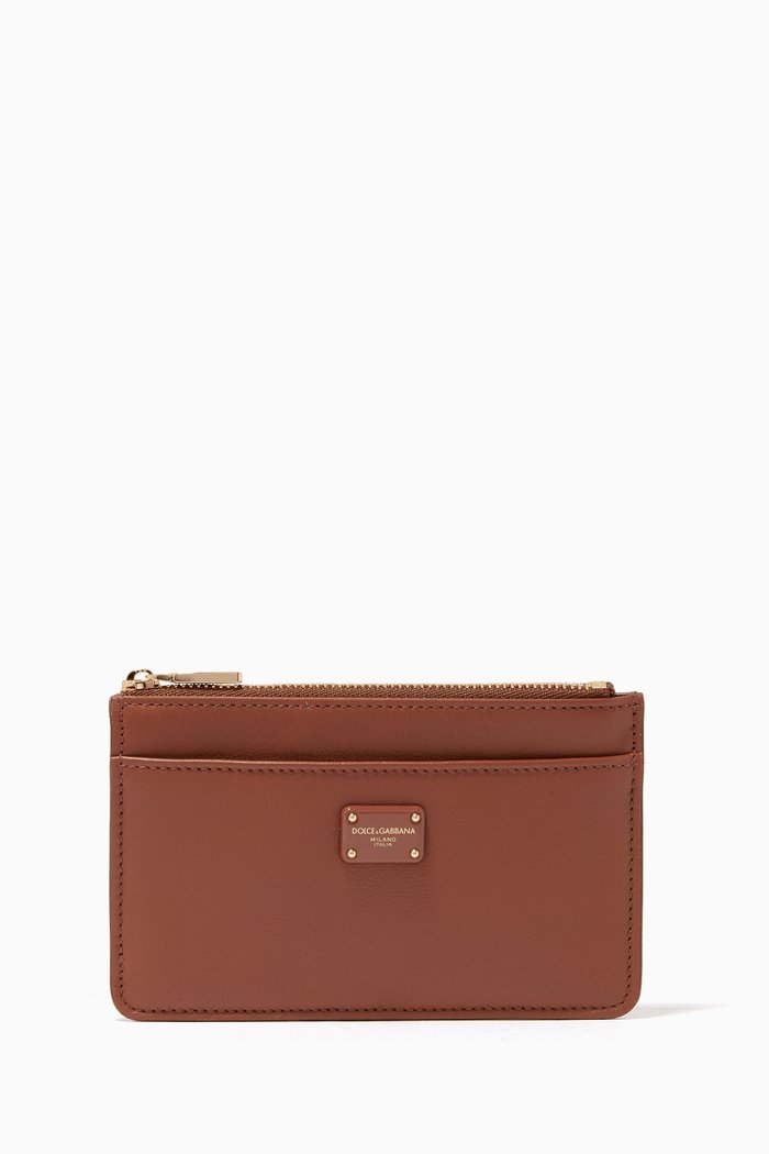 

Medium Card Holder with Branded Plate in Leather, Brown