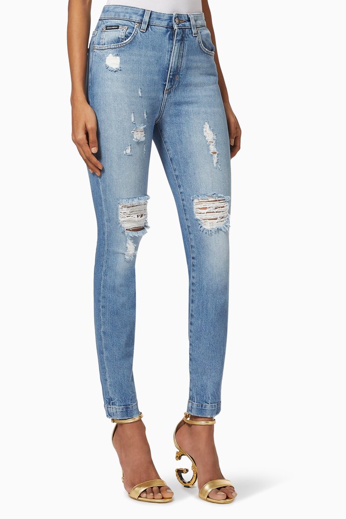 

Audrey Jeans with Rips in Stretch Cotton Denim, Blue