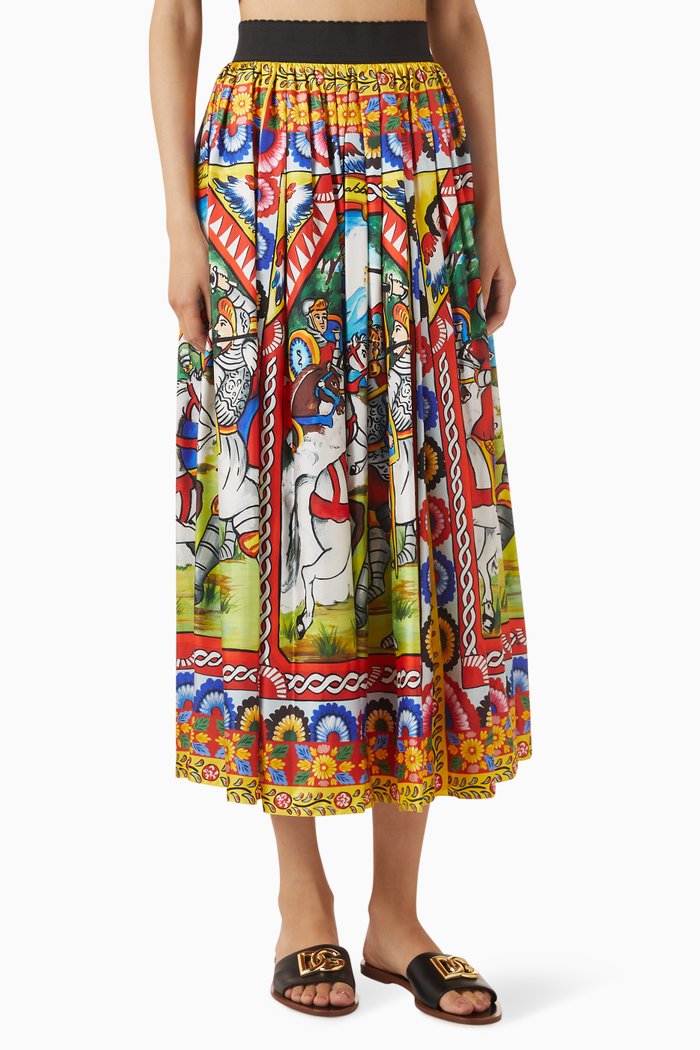 

Carretto Calf-length Skirt in Silk Twill, Multicolour
