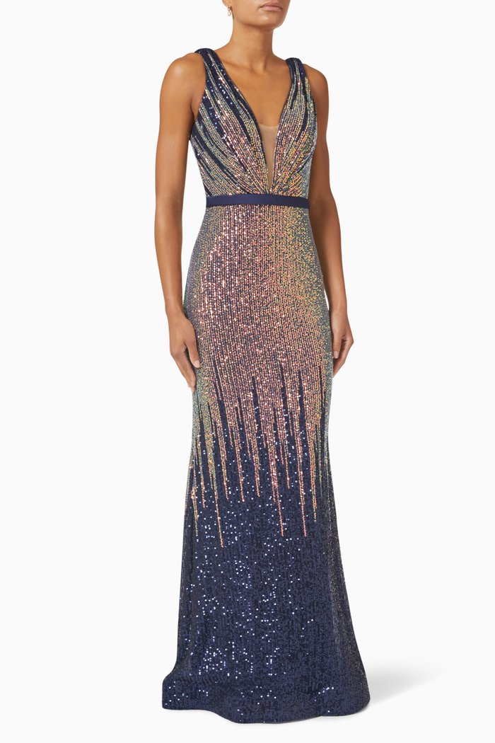 Sequin Embellished Gown, Blue