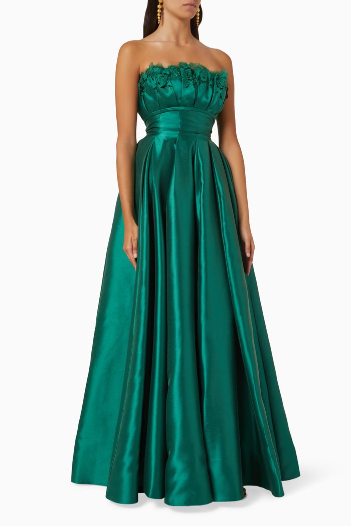 

Strapless Gown with Floral Embroidery, Green