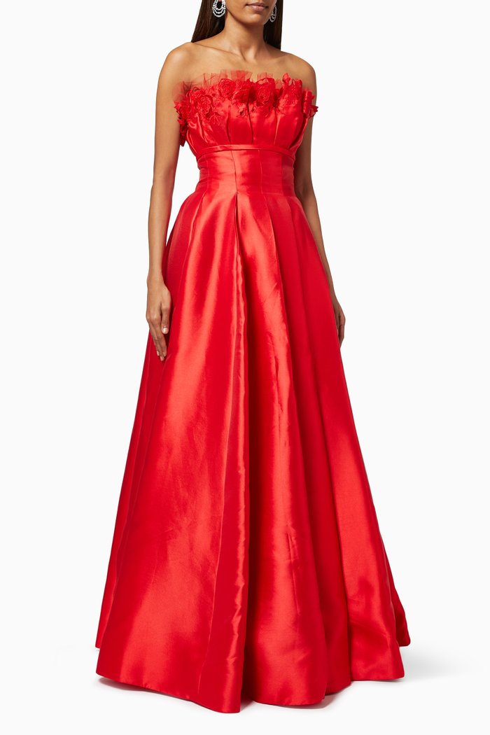 

Strapless Gown with Floral Embroidery, Red