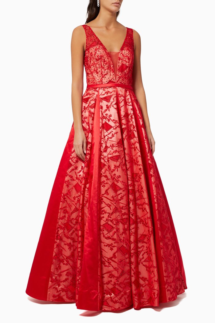 

Lace Gown with Sequin Embroidery, Red