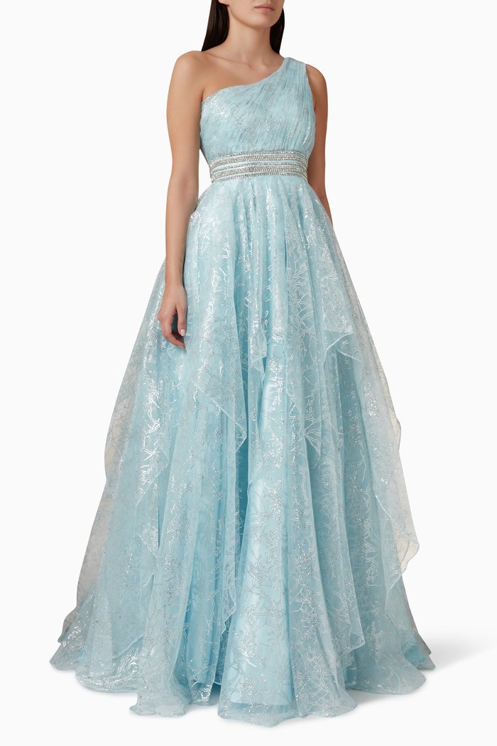 

One Shoulder Dress in Glitter Tulle, Blue