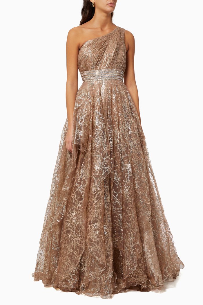 

One Shoulder Dress in Glitter Tulle, Silver